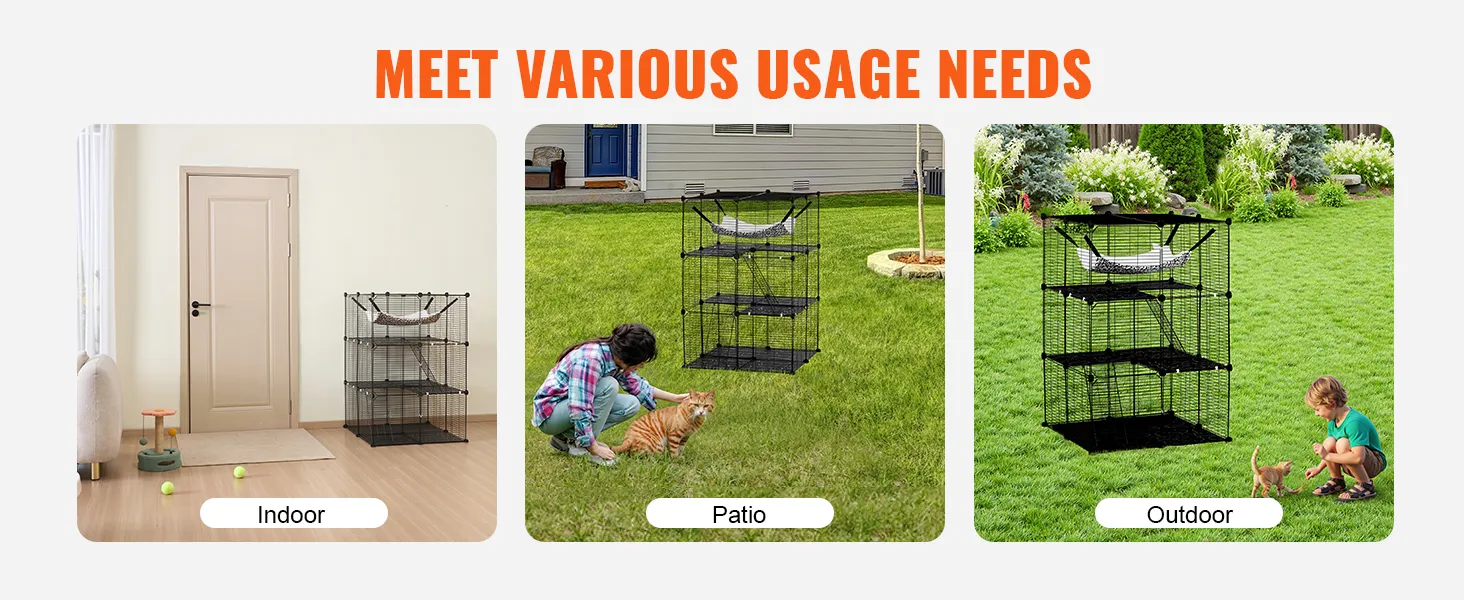 VEVOR nagy, 3-szintes macskaketrec, 28 x 28 x 41", saját kezűleg levehető, fémdrótos, tartós macskaház, nagy függőággyal, 2 rámpás létrával, macskák beltéri és kültéri testmozgásához, könnyen összeszerelhető, fekete