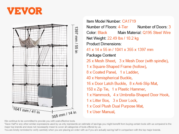 VEVOR Large 4-tier Cat Cage, 41 x 14 x 55