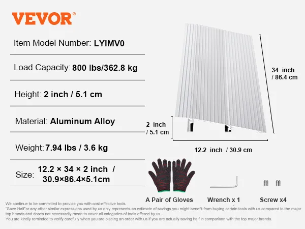 VEVOR door threshold ramp, aluminum alloy, 800 lbs capacity, 12.2 x 34 x 2 inches, includes tools and manual.
