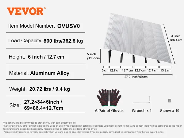 VEVOR door threshold ramp, aluminum alloy, height 5 inch, load capacity 800 lbs, includes top extension and main modular.