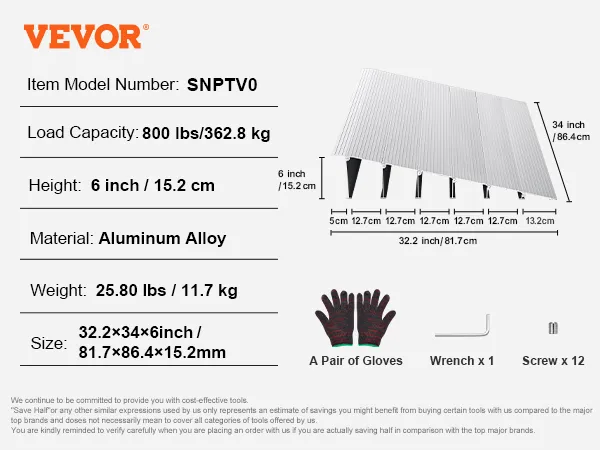 Specificaties van de VEVOR-drempelhelling: aluminiumlegering, hoogte 6 inch, draagvermogen 800 lbs.