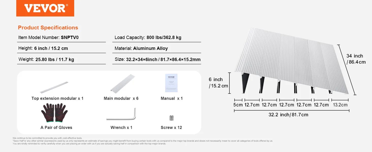 Specificaties van de VEVOR-drempelhelling: aluminiumlegering, hoogte 6 inch, draagvermogen 800 lbs.