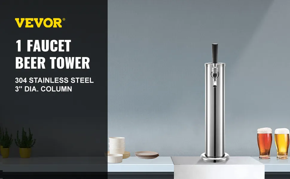 VEVOR beer tower with 1 faucet, 304 stainless steel, 3" diameter column, and beer glasses.