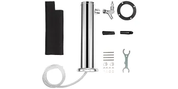 VEVOR beer tower kit with chrome dispenser, hoses, screws, wrench, and black sleeve.