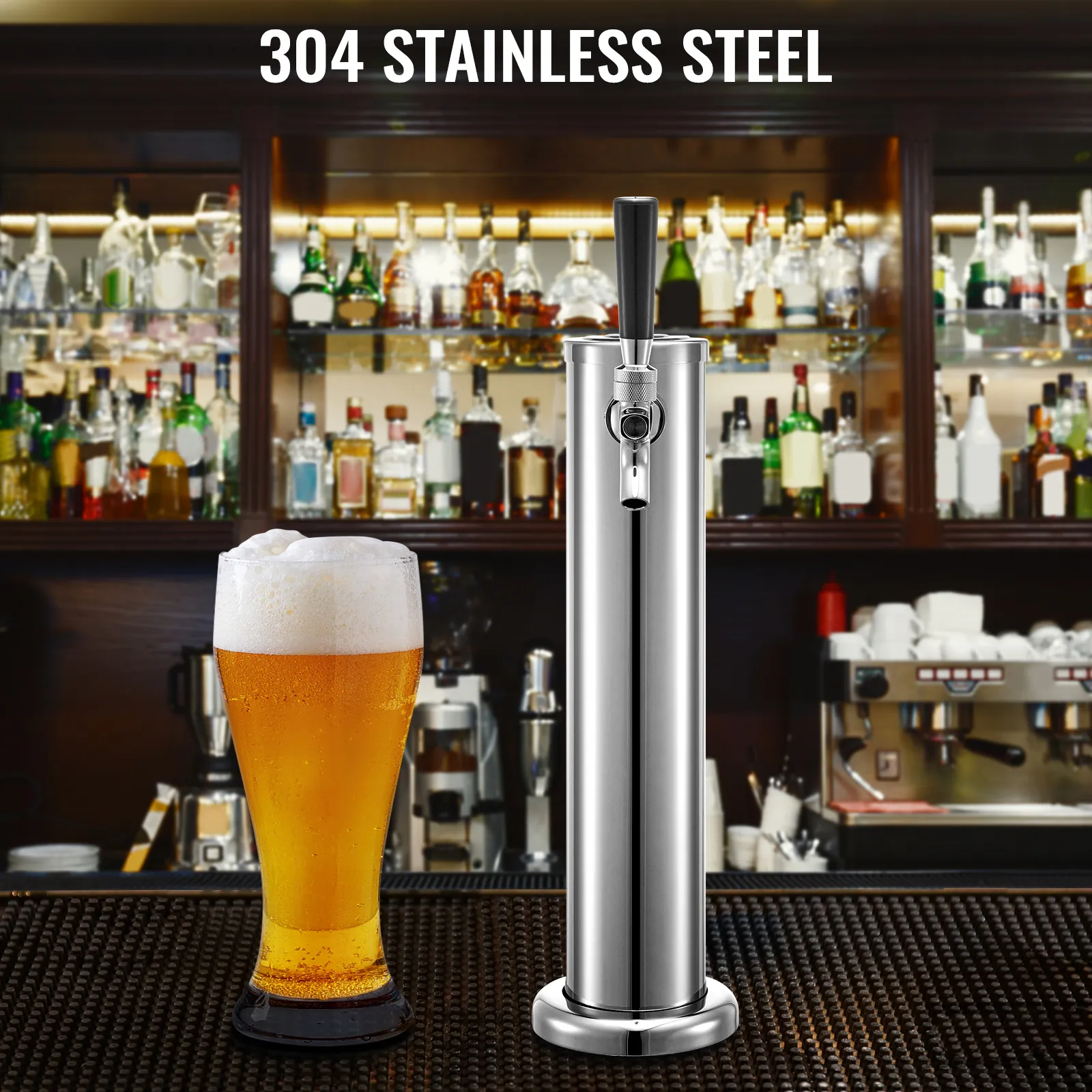 VEVOR beer tower with glass of beer in bar setting, with 304 stainless steel build.