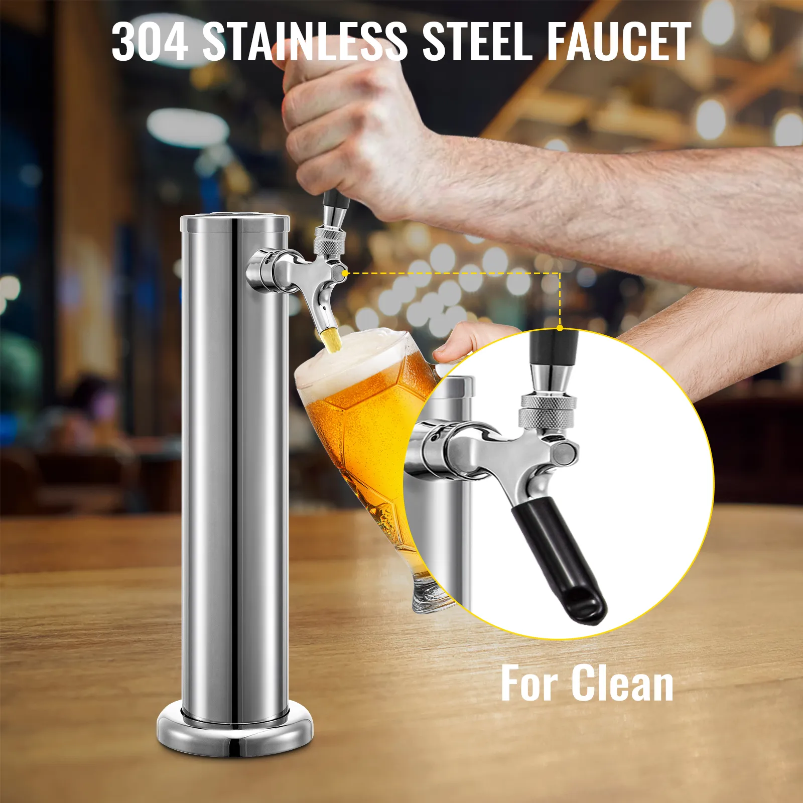 VEVOR beer tower with 304 stainless steel faucet pouring a glass of beer in a bar setting.