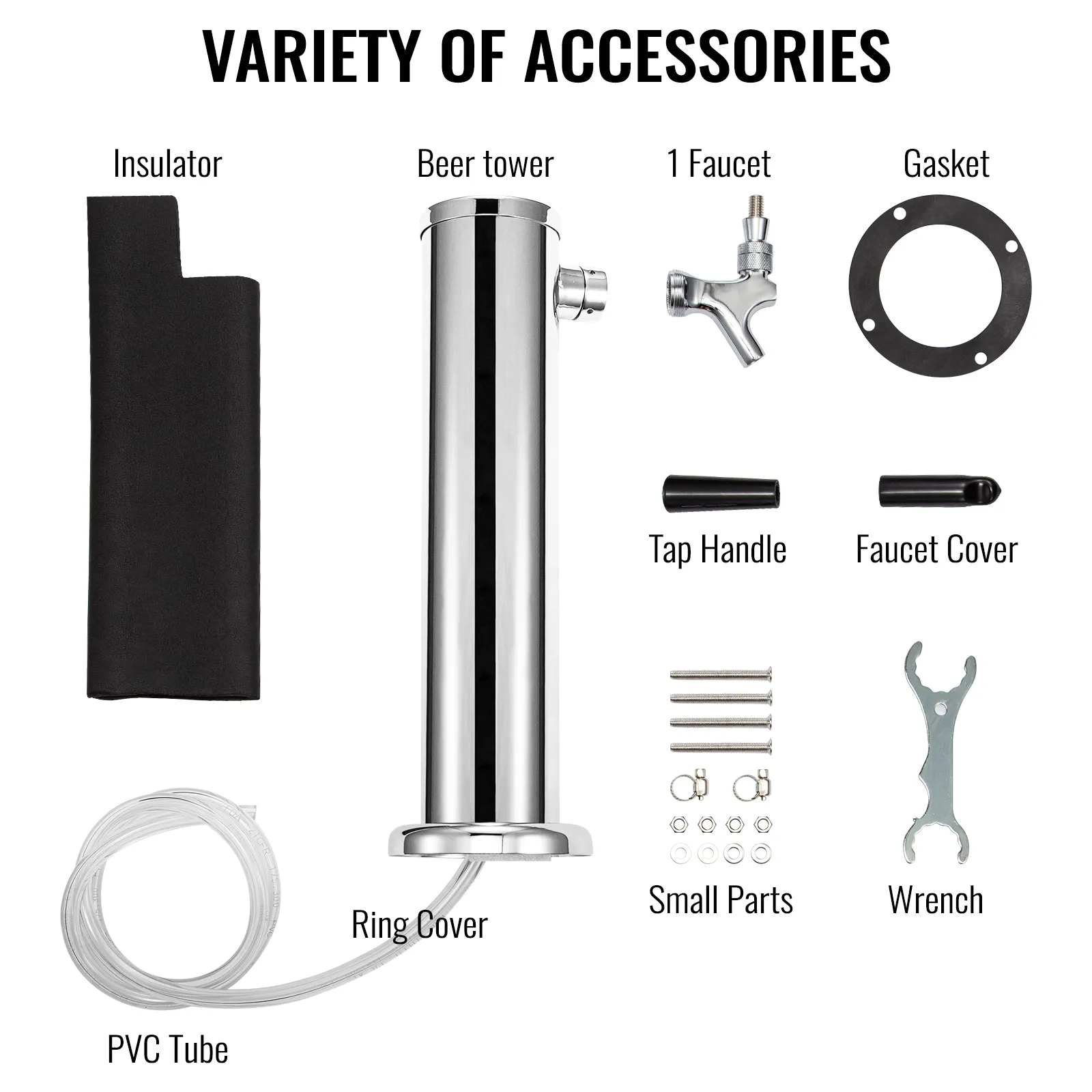 VEVOR beer tower with insulator, faucet, gasket, tap handle, pvc tube, wrench, and small parts.