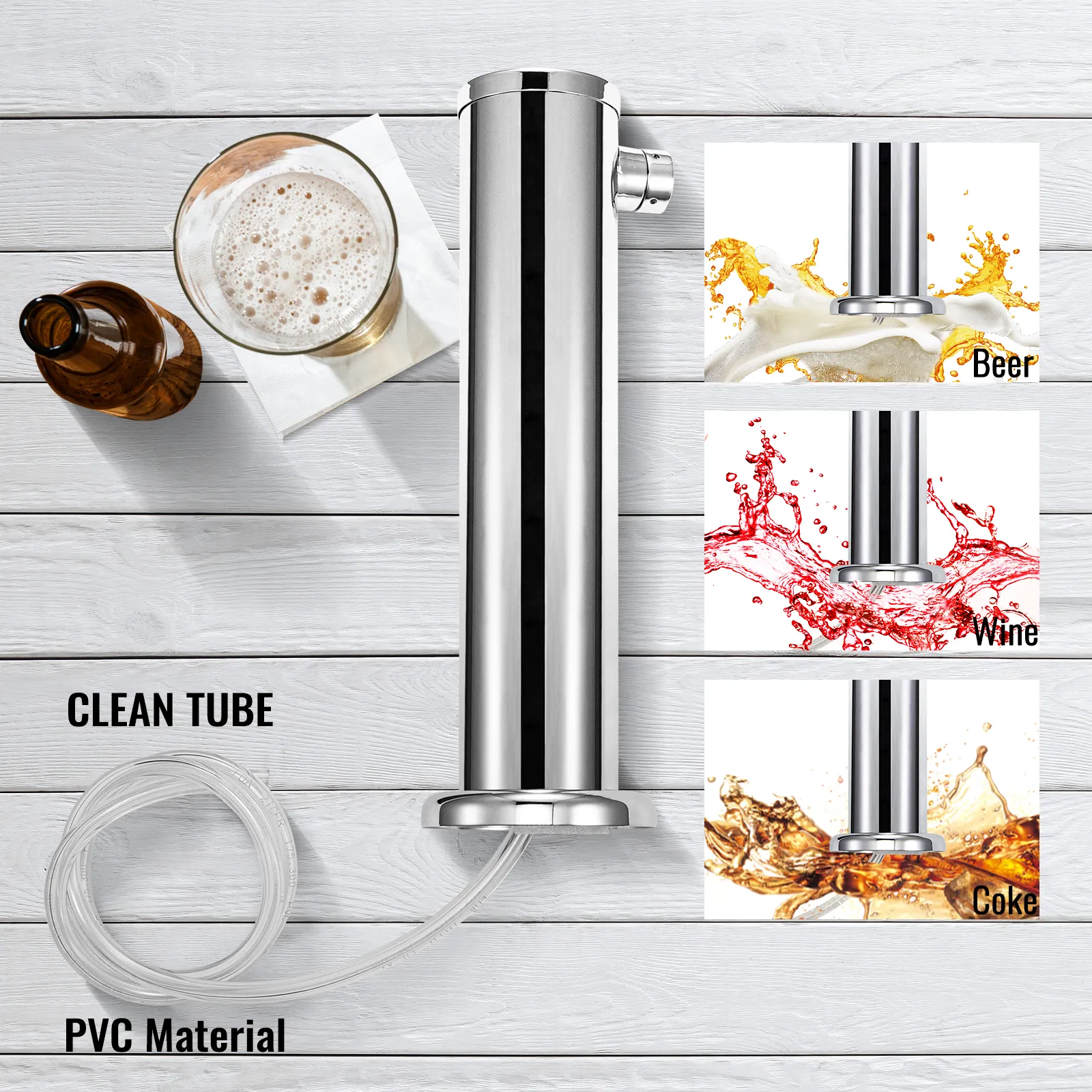 VEVOR beer tower with adaptable dispensers for beer, wine, and coke on wooden background.