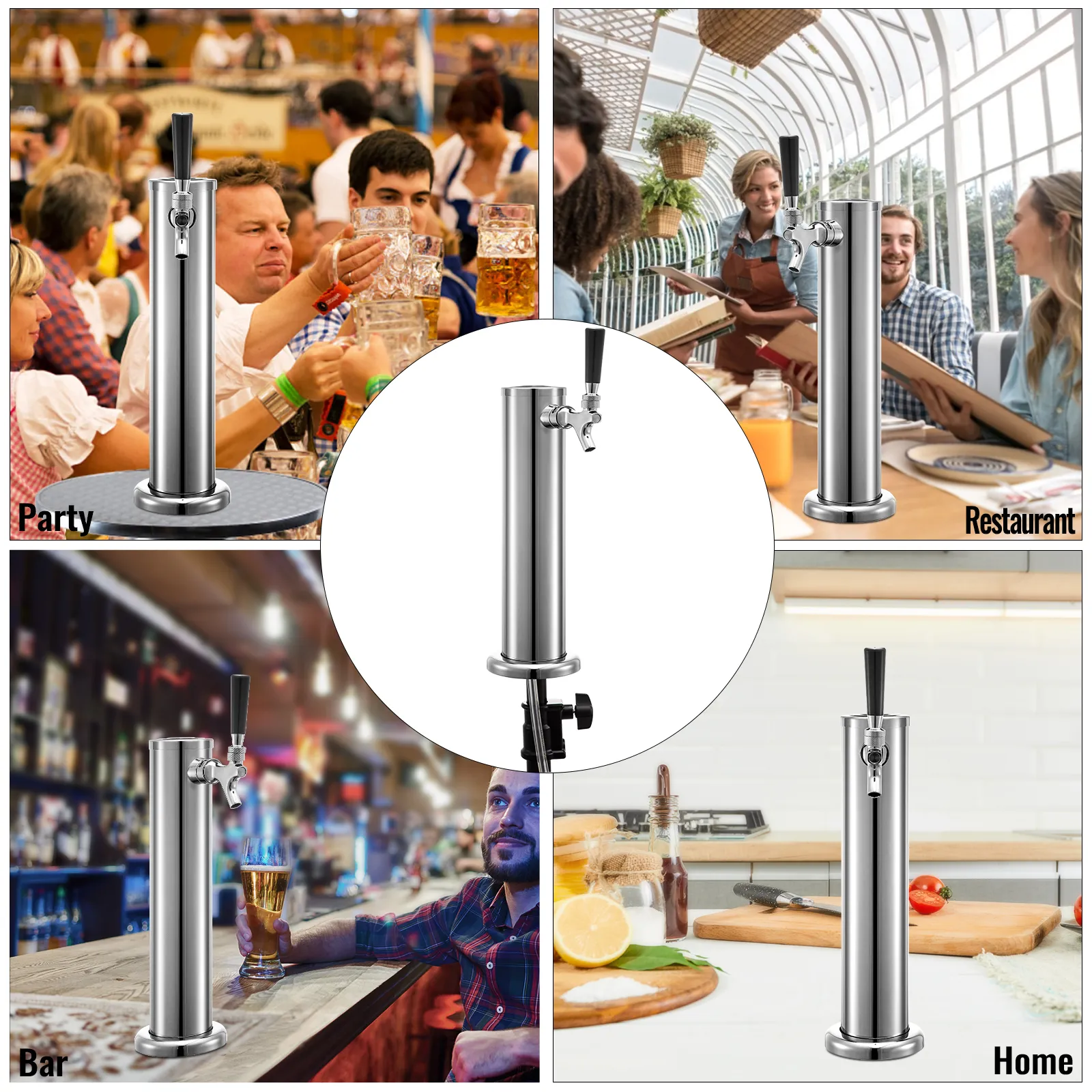 VEVOR beer tower at party, restaurant, bar, and home highlighting versatility and style.