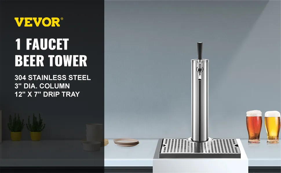 VEVOR beer tower with 1 faucet, 304 stainless steel, on a countertop with glasses of beer.