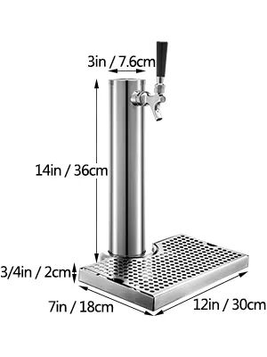 VEVOR beer tower: stainless steel beer dispenser with drip tray and faucet dimensions.