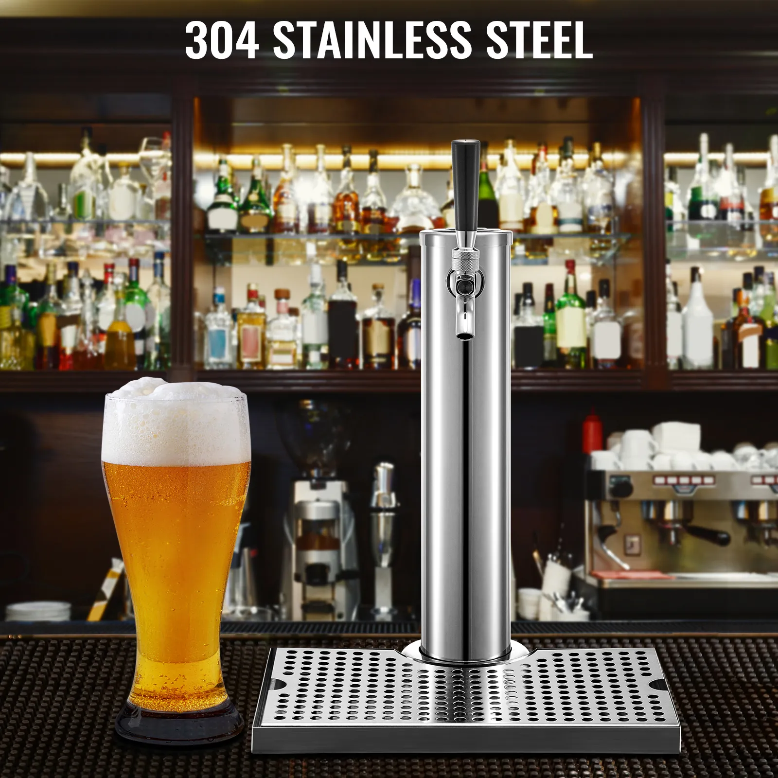 VEVOR beer tower in stainless steel with a glass of beer on a bar counter.