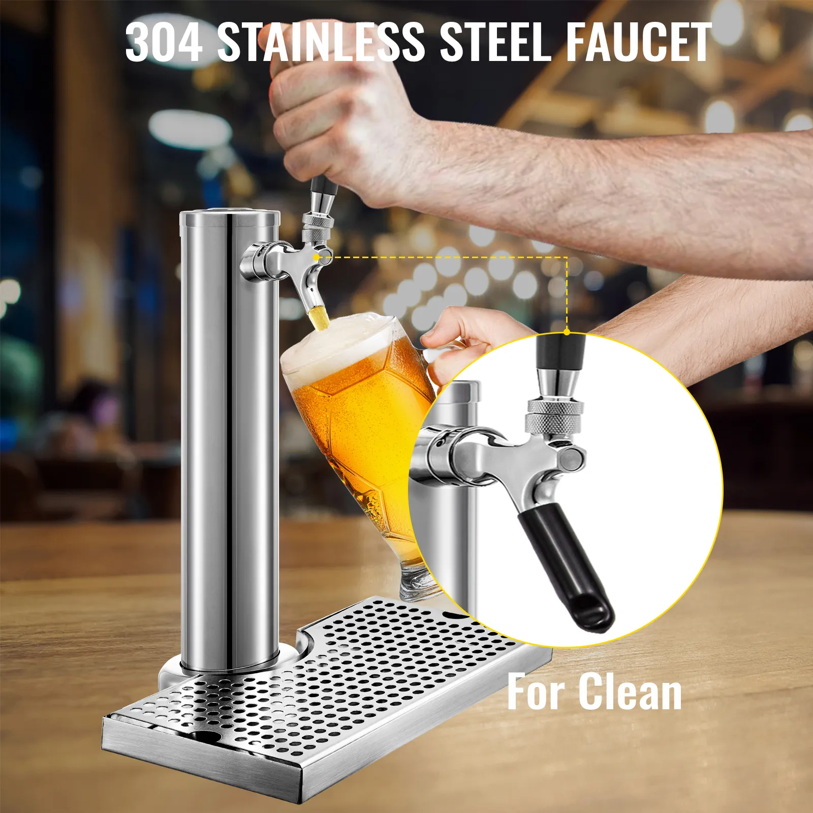 VEVOR beer tower with 304 stainless steel faucet pouring golden beer in a glass.