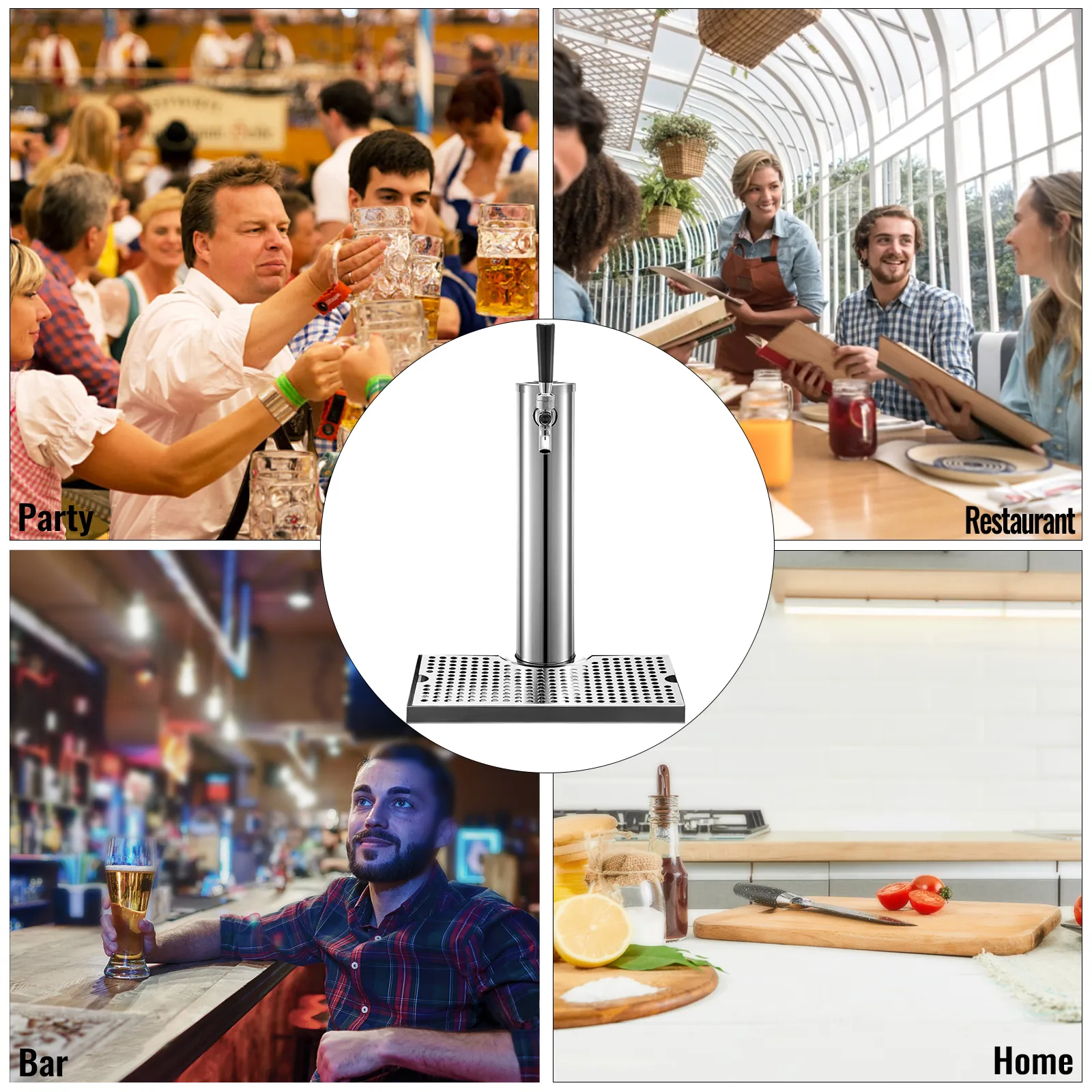 VEVOR beer tower shown in bar, party, restaurant, and home settings. perfect for any venue.