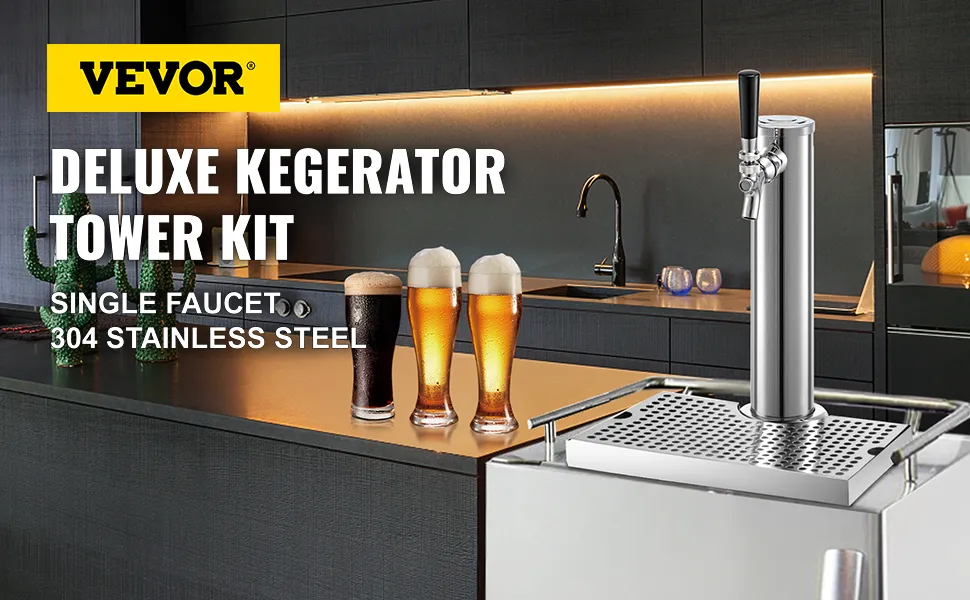 Kit kegerator VEVOR en una moderna encimera de cocina con tres vasos llenos.