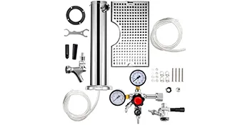 Kit kegerator VEVOR con regulador de CO2, grifo, manguera y componentes de bandeja de goteo.
