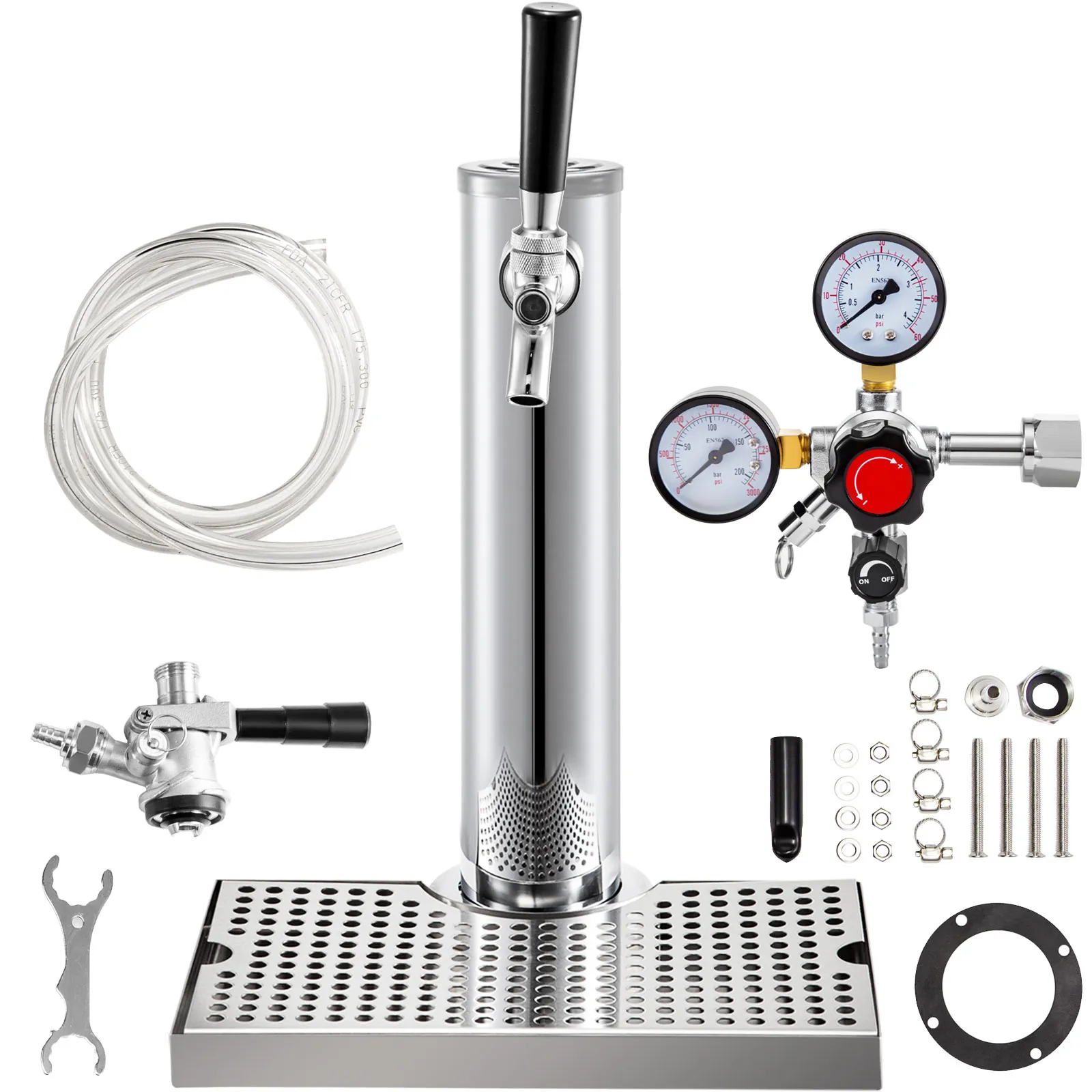 Kit completo de kegerator VEVOR con grifo, manguera, regulador y herramientas de instalación.
