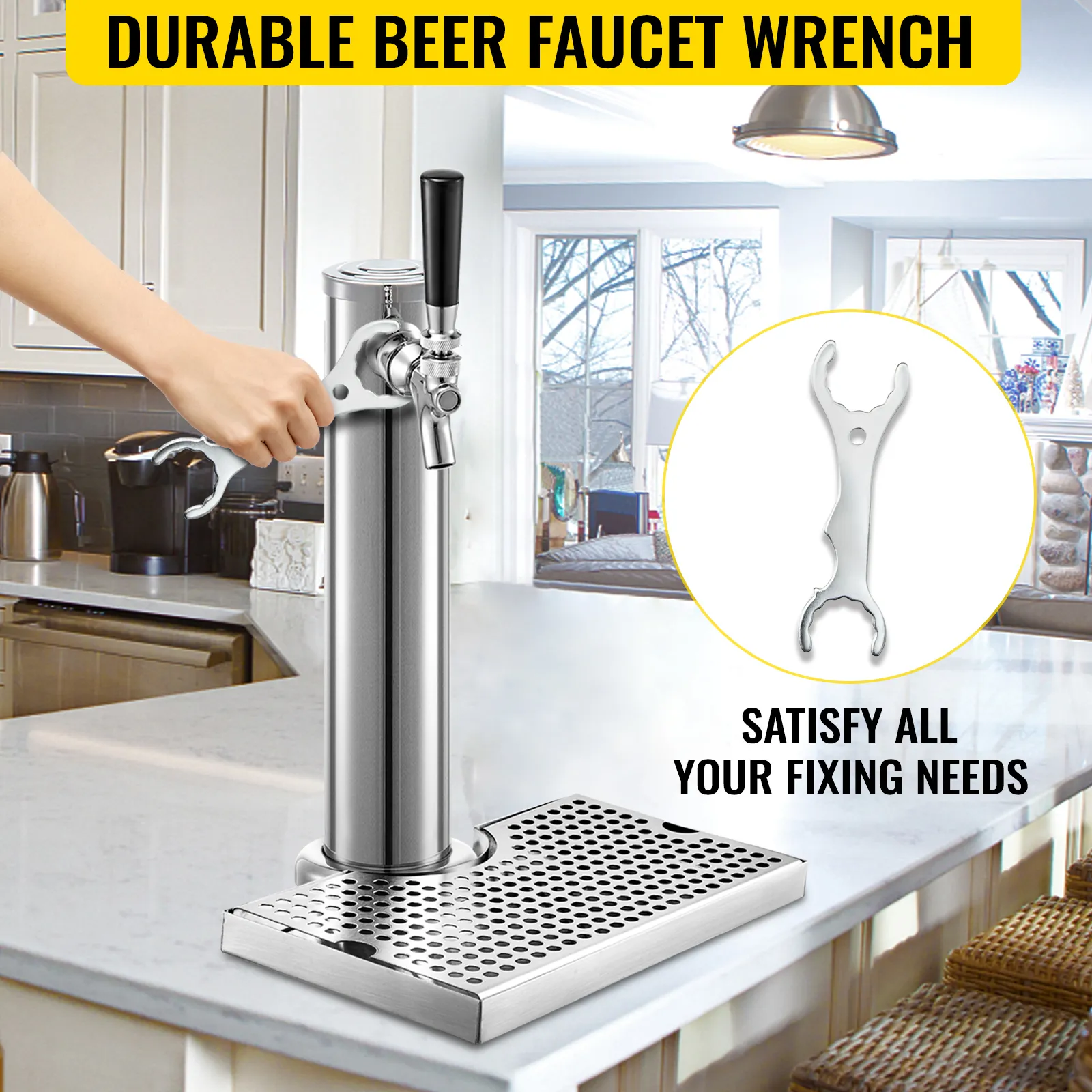 Mano usando una llave en el grifo del kit de kegerator VEVOR en una cocina moderna.