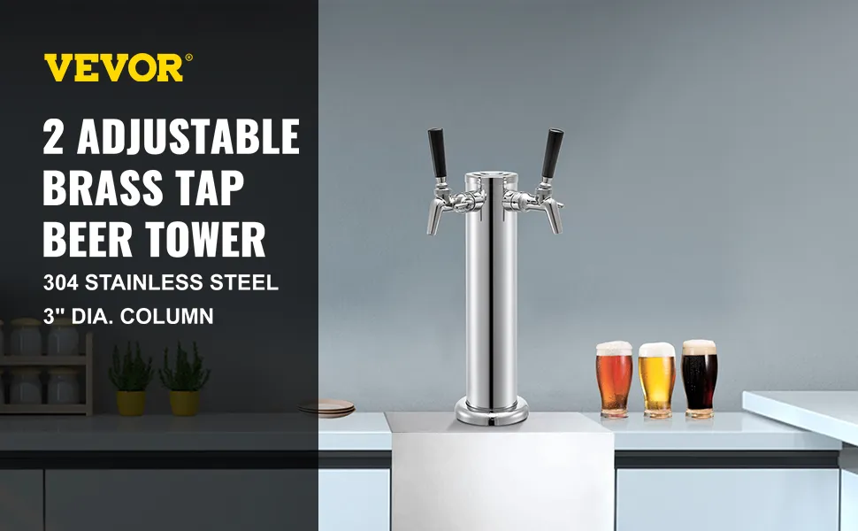 Torre de cerveza VEVOR con dos grifos de latón ajustables, acero inoxidable 304 y cuatro cervezas.