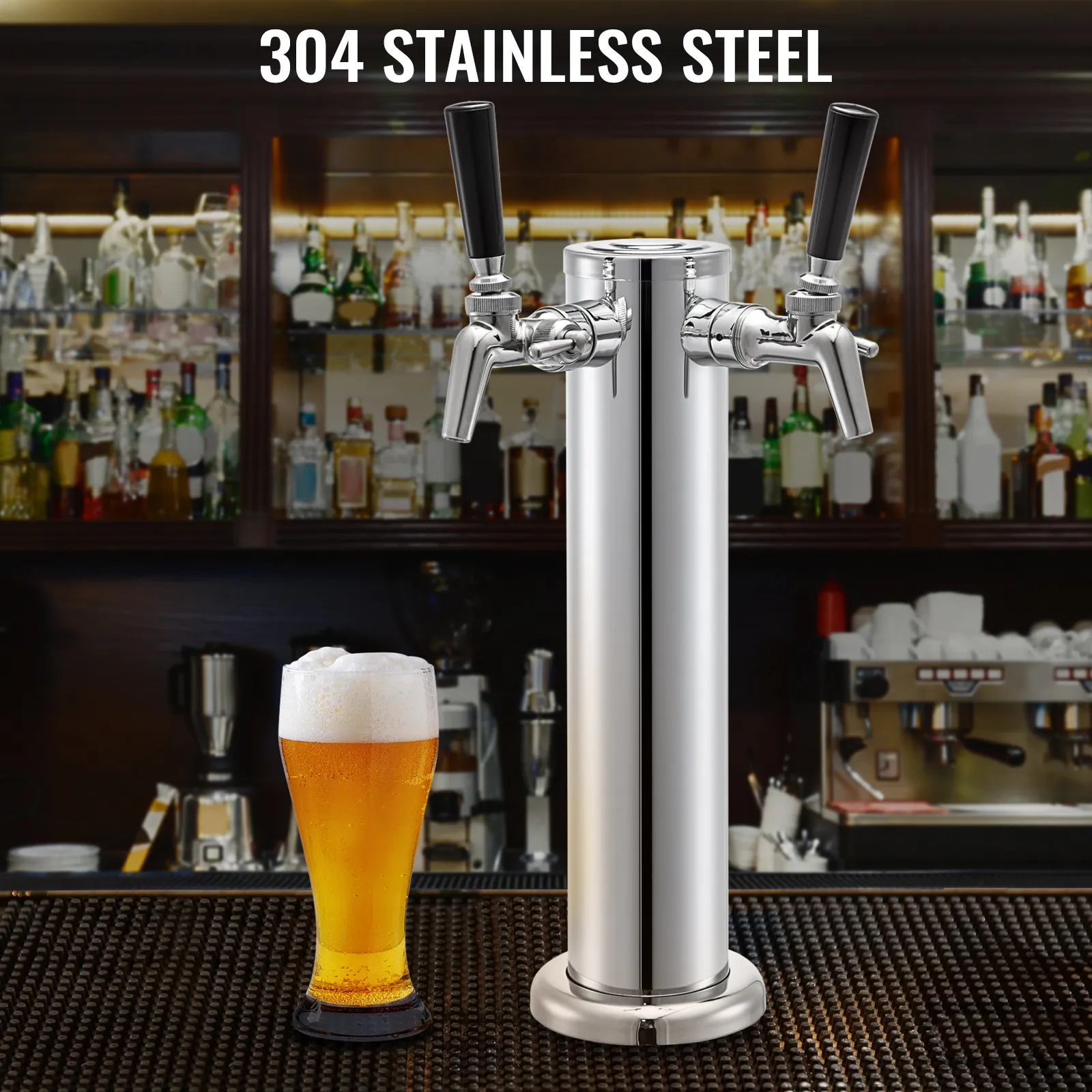 Torre de cerveza VEVOR con dos grifos y un vaso de cerveza en entorno de bar.