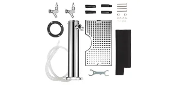 Kit de torre de cerveza VEVOR con grifos, torre, tubos, bandeja de goteo y herramientas de instalación.