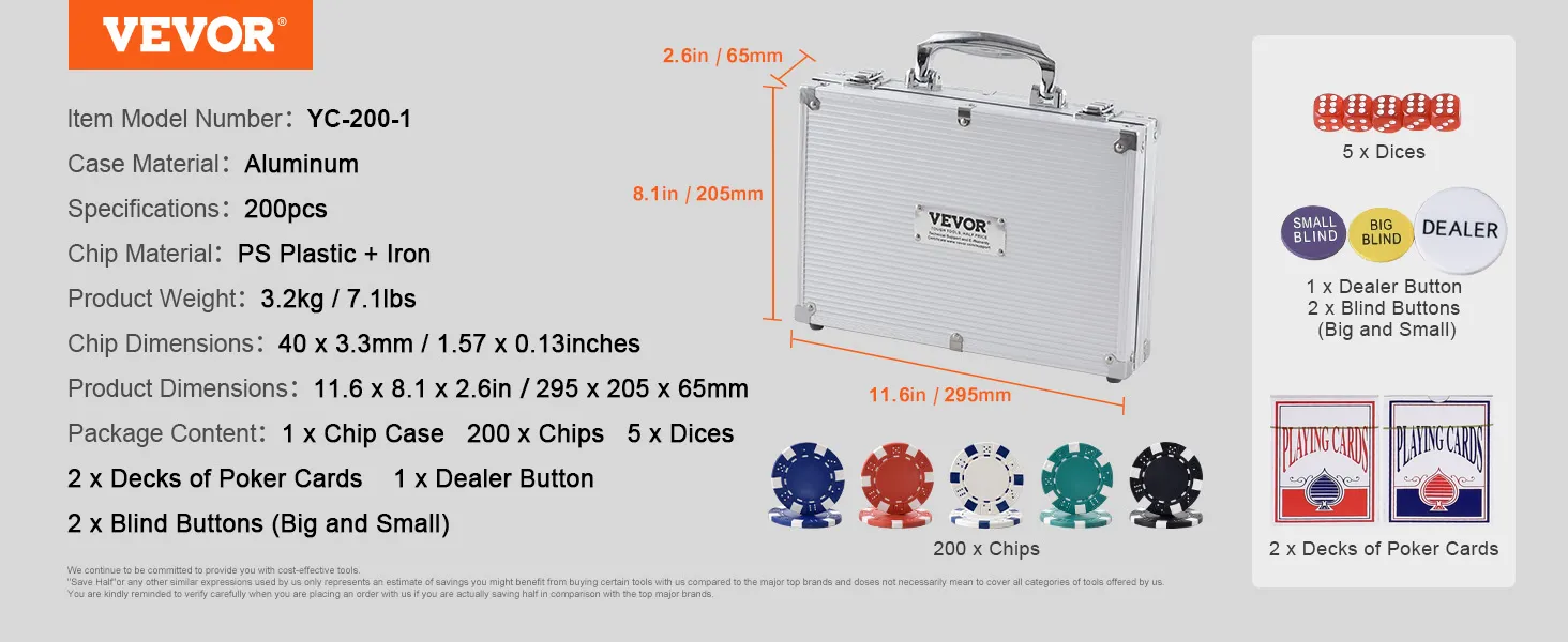 VEVOR Pokerchip-Set mit Aluminiumgehäuse, 200 Chips, 5 Würfeln, 2 Kartendecks und Dealer-Buttons.