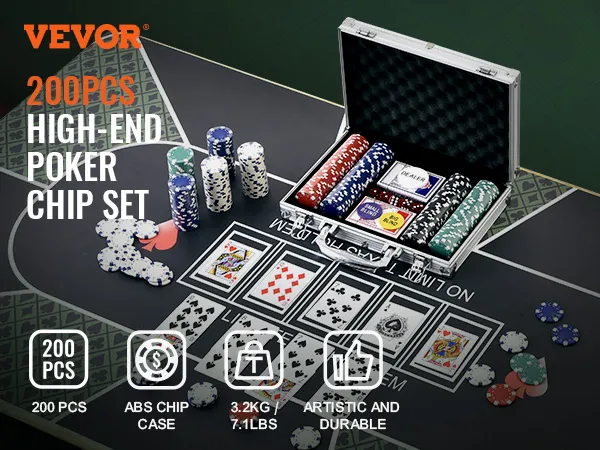 VEVOR Pokerchip-Set mit 200 Teilen, Aluminiumkoffer und Spielkarten auf einem Pokertisch.