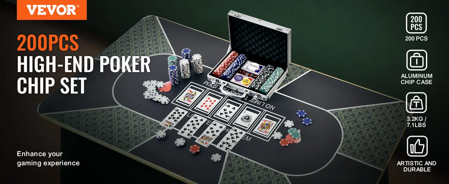 VEVOR Pokerchip-Set mit 200 Teilen, Aluminiumkoffer und Spielkarten auf einem Pokertisch.