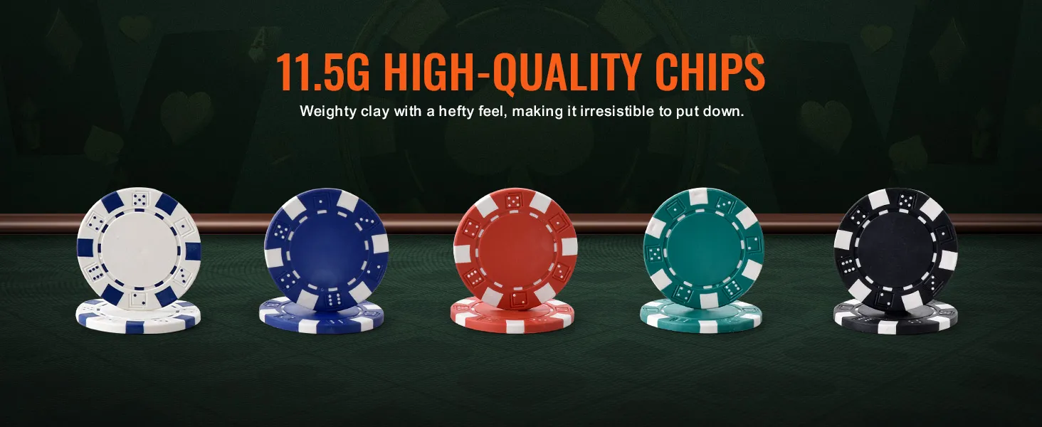 11,5 g schwere, hochwertige Pokerchips aus Ton in Blau, Rot, Grün und Schwarz mit dem VEVOR-Pokerchip-Set.