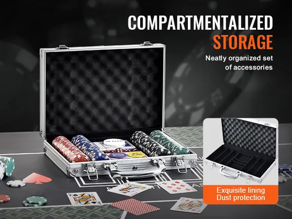 VEVOR Pokerchip-Set mit Aluminiumgehäuse, bunten Chips, Karten und Zubehör auf einem Pokertisch.