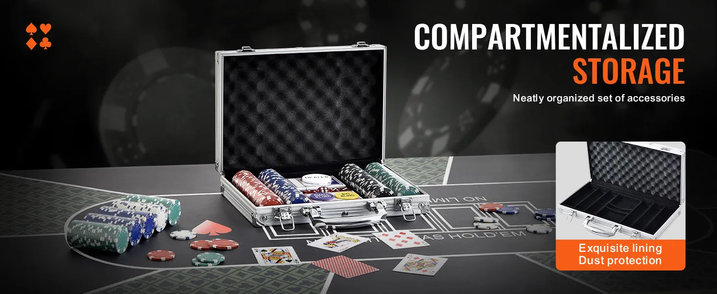 VEVOR Pokerchip-Set mit Aluminiumgehäuse, bunten Chips, Karten und Zubehör auf einem Pokertisch.