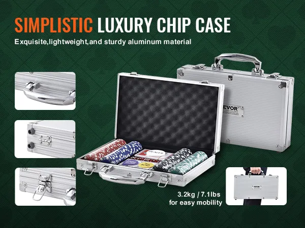 Schlichter Luxus-Chipkoffer mit Pokerchip-Set von VEVOR, leichtes Aluminium und mit 3,2 kg einfach zu transportieren.