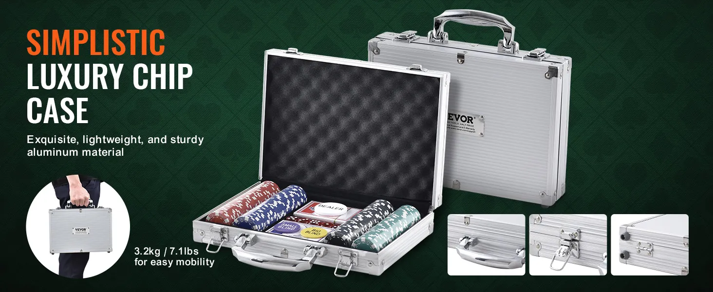 Schlichter Luxus-Chipkoffer mit Pokerchip-Set von VEVOR, leichtes Aluminium und mit 3,2 kg einfach zu transportieren.