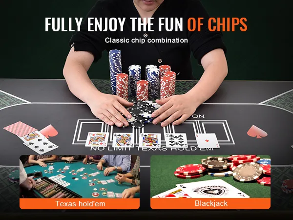 Person, die mit einem VEVOR-Pokerchip-Set Poker spielt und Chips, Karten und eine Texas Hold'em-Spielmatte präsentiert.