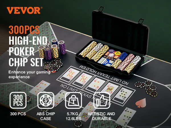 VEVOR poker chip set with 300pcs, displayed on a poker table with cards and abs chip case. enhance your game.