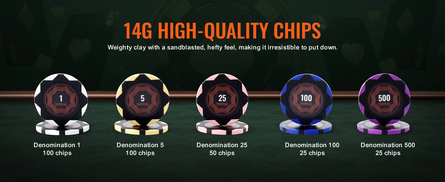 14g high-quality VEVOR poker chip set with denominations 1, 5, 25, 100, and 500.