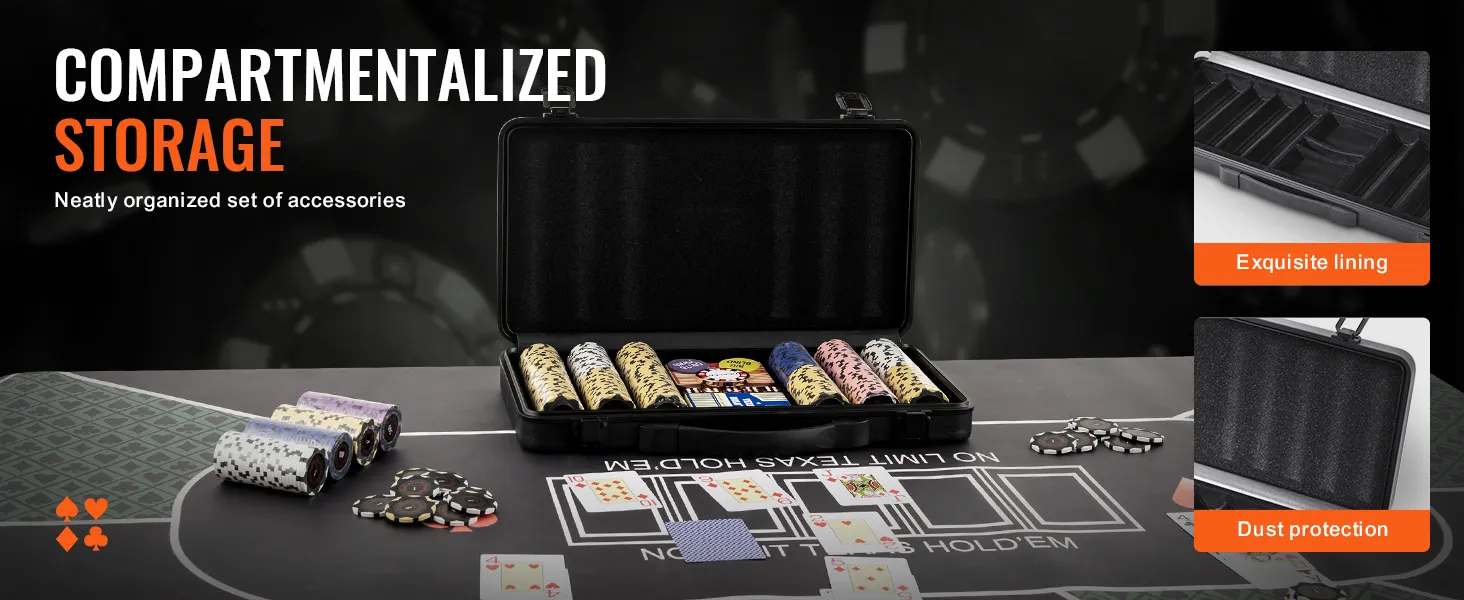 VEVOR poker chip set with compartmentalized storage, exquisite lining, and dust protection.