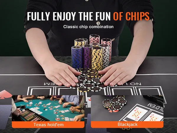 person organizing VEVOR poker chip set on gaming table with cards, promoting texas hold'em and blackjack.