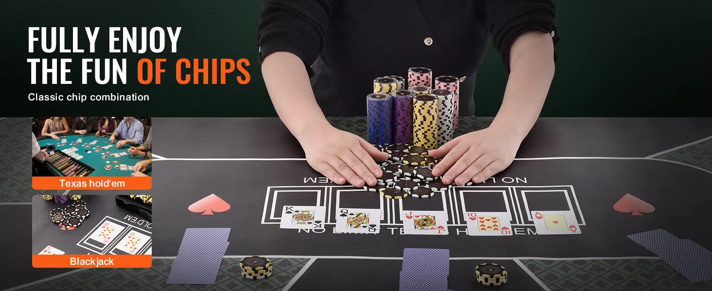 person organizing VEVOR poker chip set on gaming table with cards, promoting texas hold'em and blackjack.