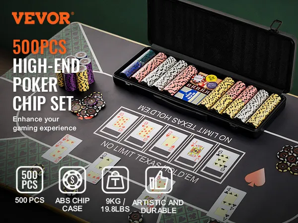 Juego de fichas de póquer VEVOR con 500 fichas de alta gama y estuche de ABS en una mesa de Texas Hold'em.