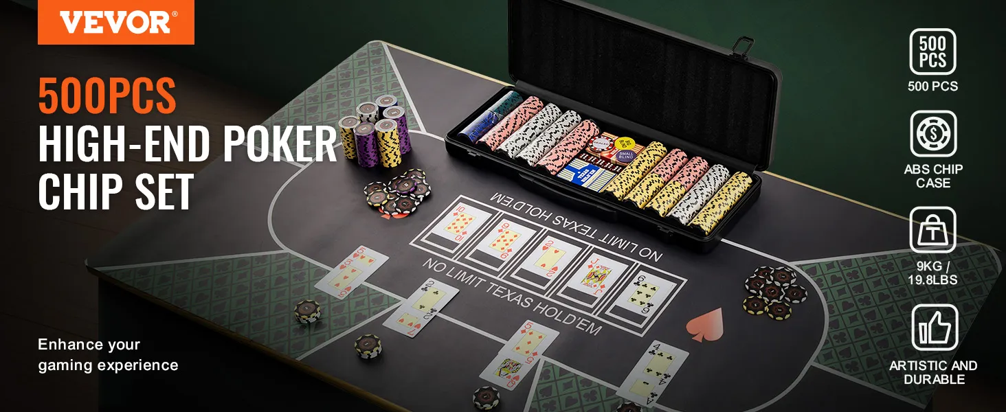 Juego de fichas de póquer VEVOR con 500 fichas de alta gama y estuche de ABS en una mesa de Texas Hold'em.
