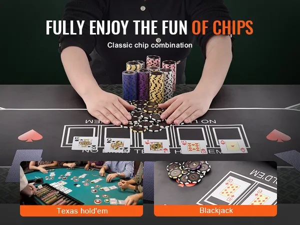 Persona jugando a las cartas con una ficha de póquer VEVOR sobre una mesa verde, con el clásico Texas Hold'em y Blackjack.