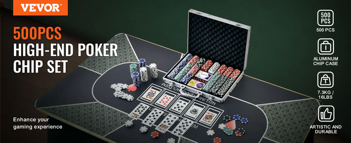 Juego de fichas de póquer VEVOR con 500 fichas de alta gama en estuche de aluminio sobre mesa de póquer con cartas.