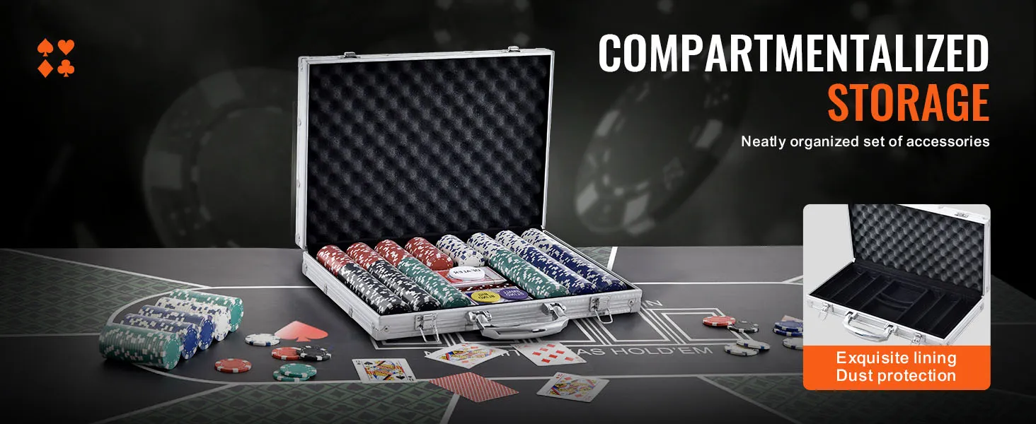 Juego de fichas de póquer VEVOR con fichas de póquer y cartas perfectamente organizadas en un estuche plateado para almacenamiento compartimentado.