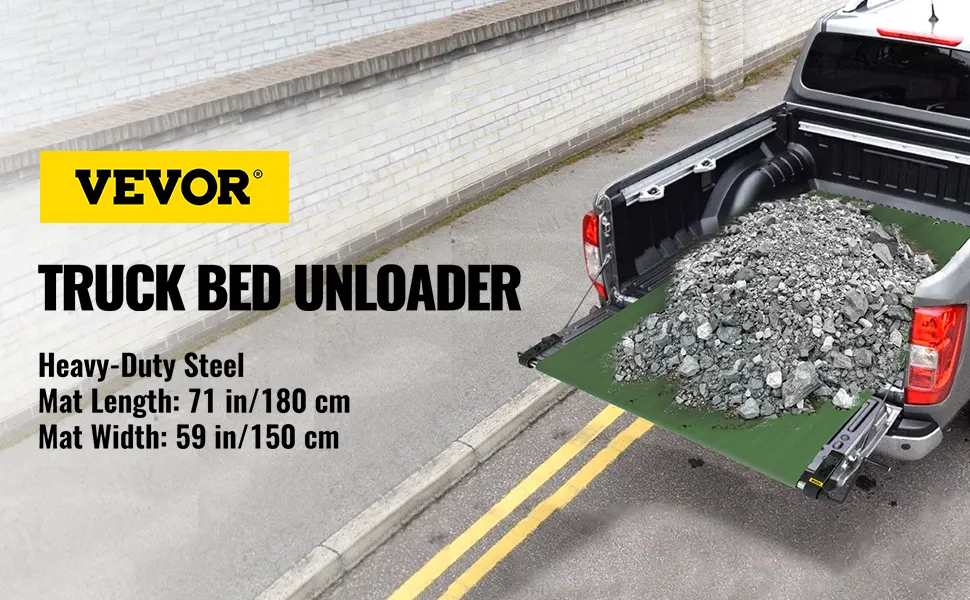 Descargador de plataforma de camión VEVOR que descarga grava, con texto que resalta las dimensiones de la alfombra y construcción de acero resistente.