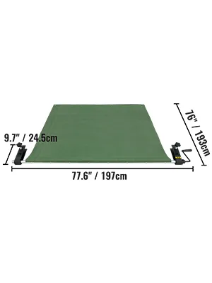 Descargador de plataforma de camión VEVOR verde con dimensiones: 77,6" x 76", ancho ajustable de 9,7" a 76".