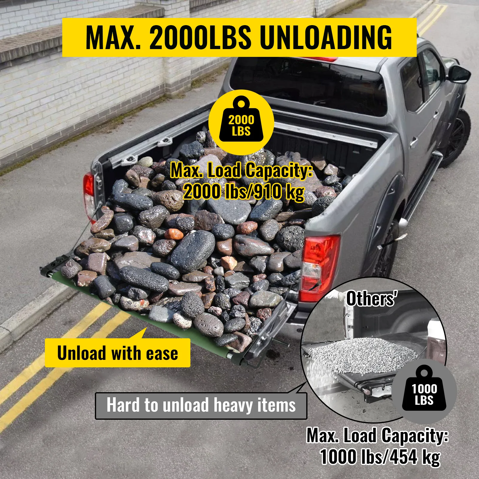 Descargador de plataforma de camión VEVOR con capacidad de carga máxima de 2000 libras para descargar artículos pesados con facilidad.