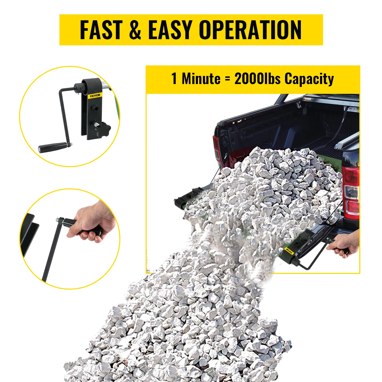 El descargador de plataforma de camión VEVOR arroja rocas de la plataforma del camión rápidamente, mostrando un mecanismo de manivela, con una capacidad de 2000 libras.