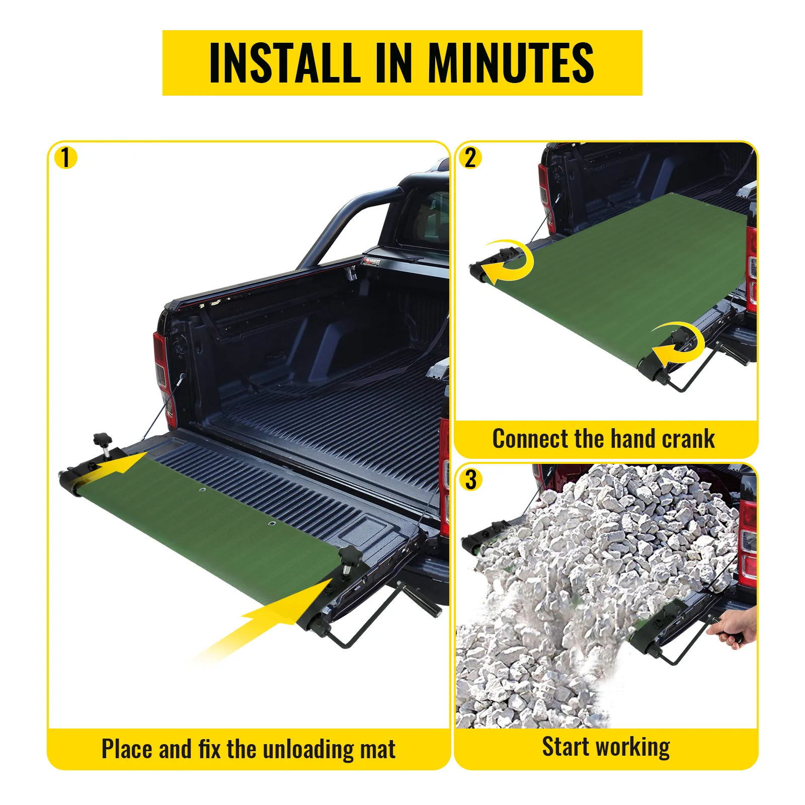 Pasos de instalación del descargador de plataforma de camión VEVOR en una plataforma de camión con una alfombra de descarga verde y una manivela.