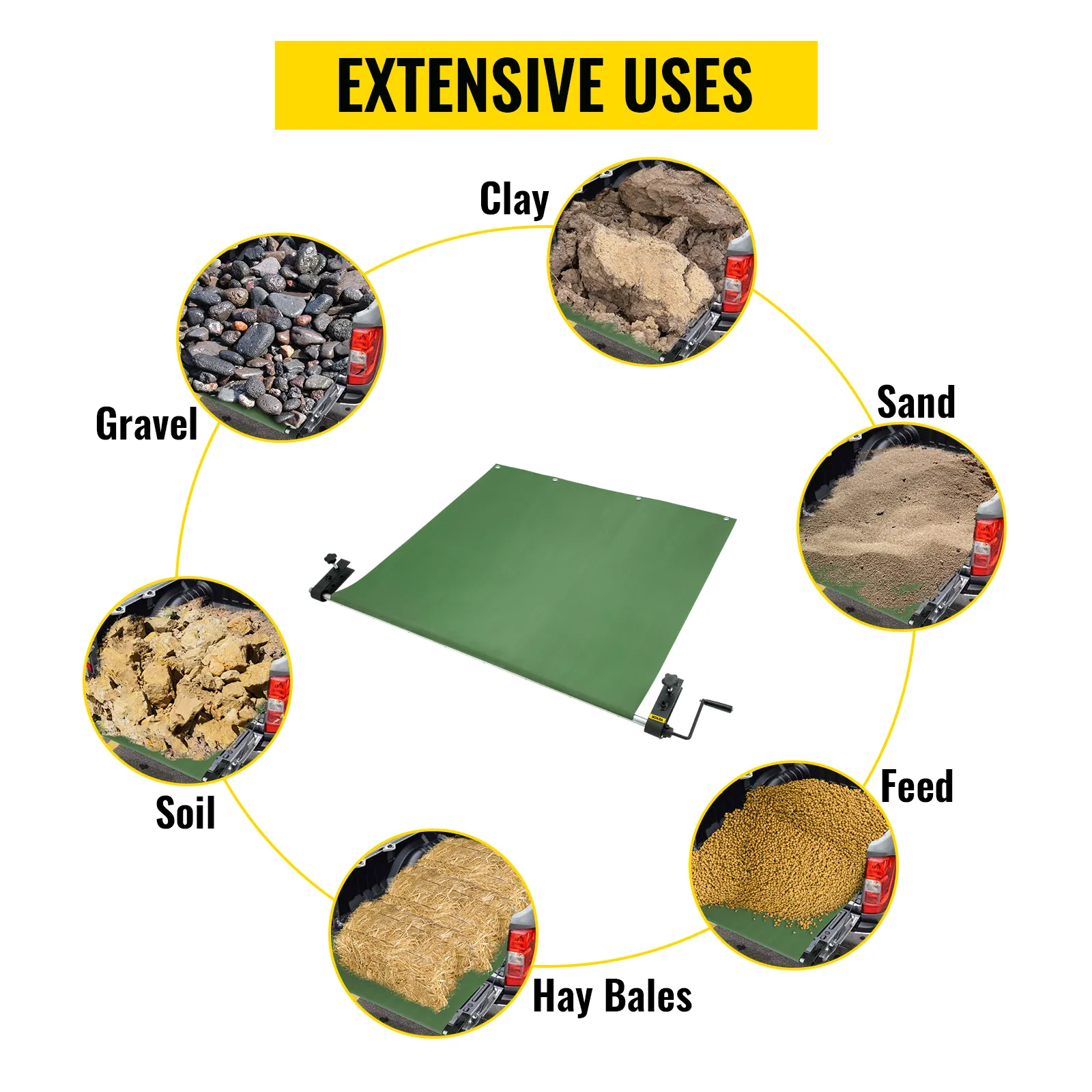 Descargador de plataforma de camión VEVOR que muestra amplios usos para arcilla, grava, tierra, arena, alimento y fardos de heno.